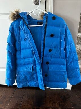 Lands' End Women’s Blue Puffer Coat with Faux Fur Hood - Zipper and Buttons